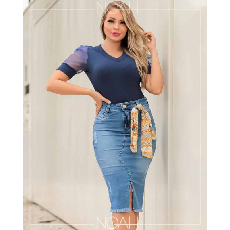 Valdete - Conj. saia jeans e blusa bufante azul | Moda Evangelica e ...