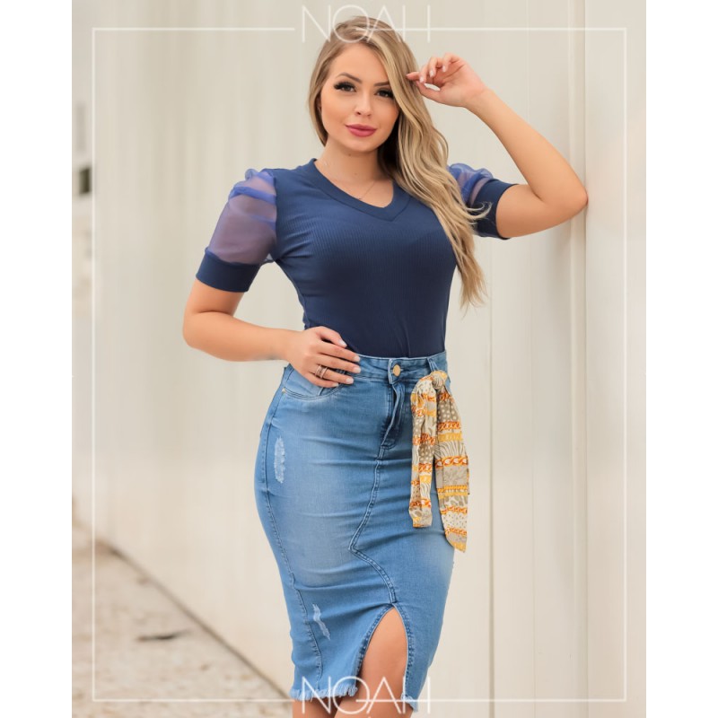 Valdete - Conj. saia jeans e blusa bufante azul | Moda Evangelica e ...