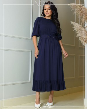 Vestido Max Midi Evase com cinto Azul Marinho | Moda Evangelica e Executiva