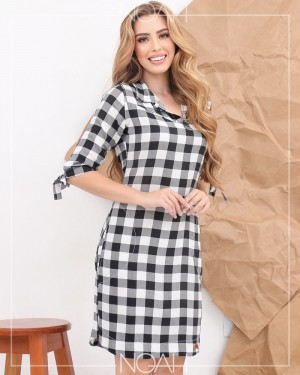 Vestido tubinho manga 3/4 xadrez | Moda Evangelica e Executiva