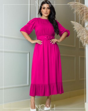 Vestido Max Midi Evase com cinto Pink | Moda Evangelica e Executiva