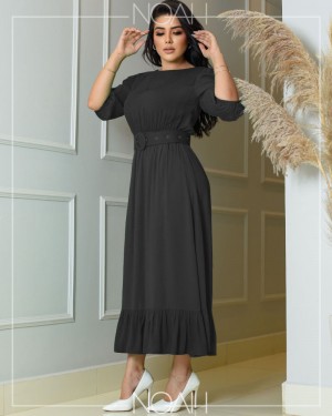 Vestido Max Midi Evase com cinto preto | Moda Evangelica e Executiva