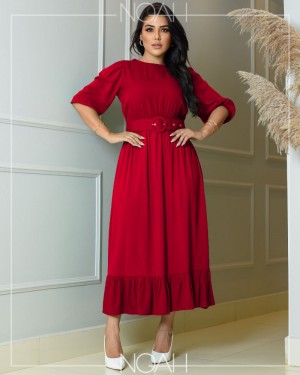 Vestido Max Midi Evase com cinto vermelho | Moda Evangelica e Executiva