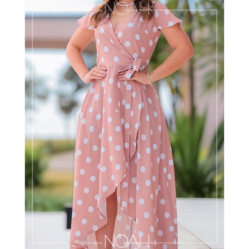 Meire Vestido longo nude estampado poá Moda Evangelica e Executiva