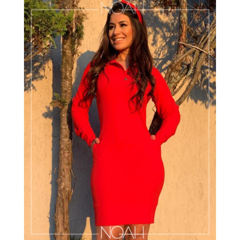 Vestido vermelho best sale manga comprida